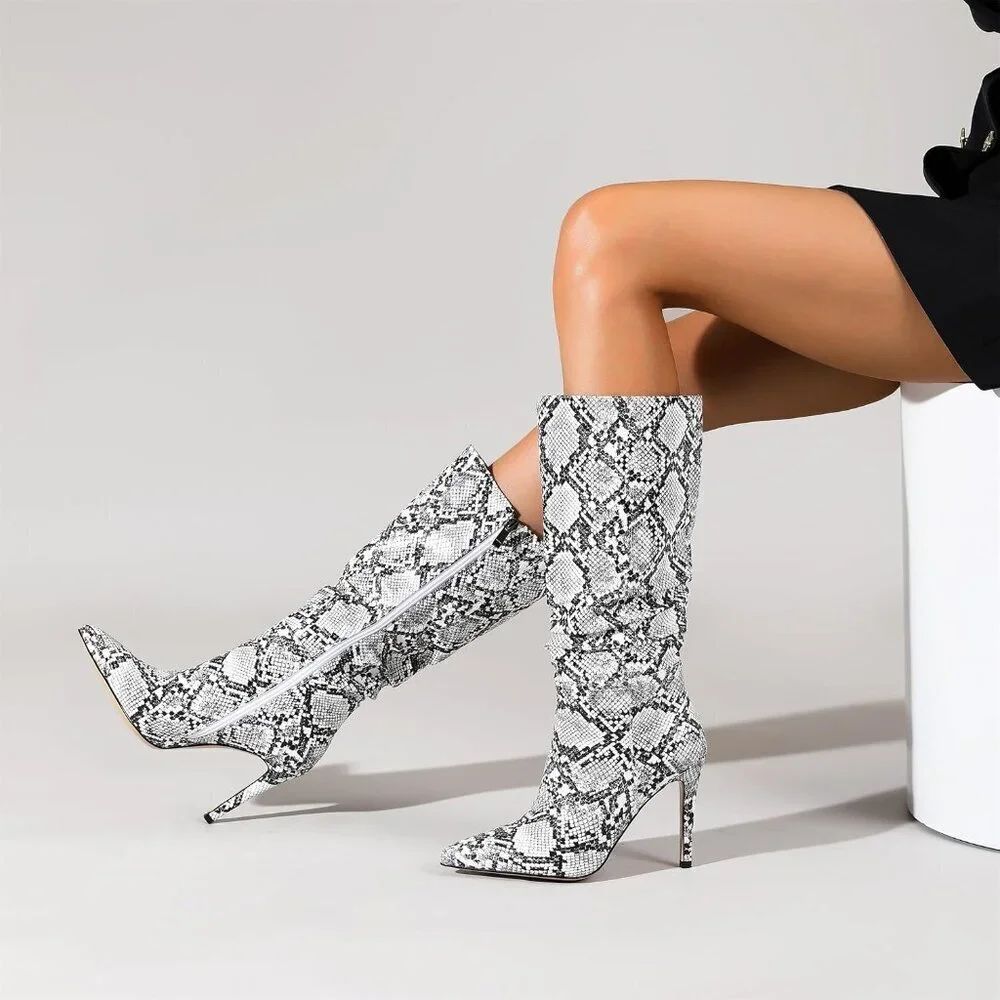 Women Snakeskin PU Knee High Exquisite Pointed Toe Fine High Heels Pleated Boots
